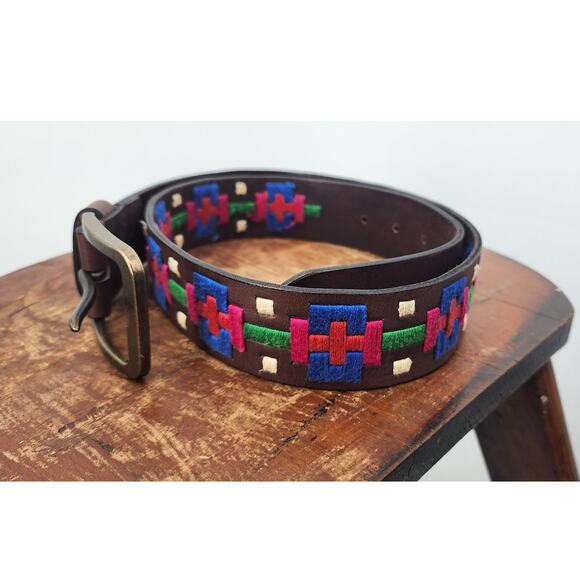 Free People High Summer Embroidered Neutral Brown Bohemian Leather Belt - Picture 3 of 4